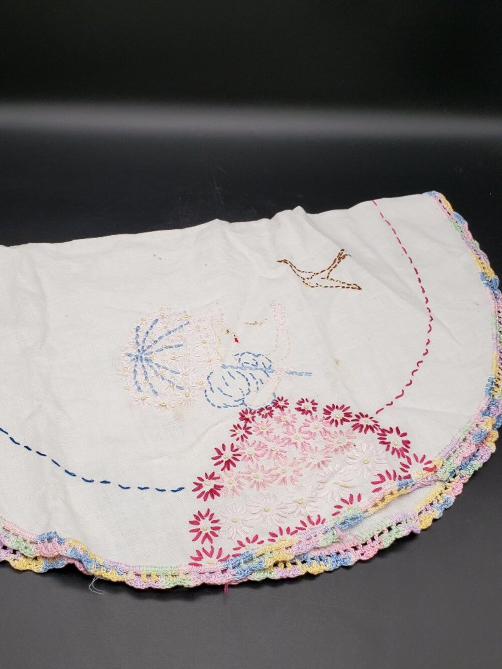 Vintage Hand Embroidered Doily Girl with Flowers 19x22 Scalloped Edge Linen